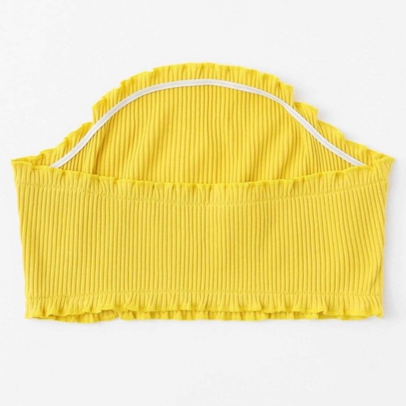 ROMWE Women’s Frill Hem Ribbed Bandeau Strapless Crop Top Shirt - yellow, size L - Picture 2 of 7